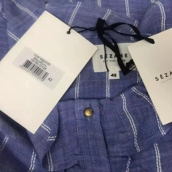 Sezane Manon Striped Blouse Tank Top Ruffle Buttondown Embroidered L-42 276418 - Picture 9 of 9